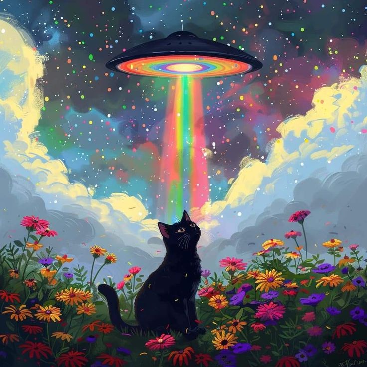 a black cat sitting on top of a lush green field under a rainbow filled sky