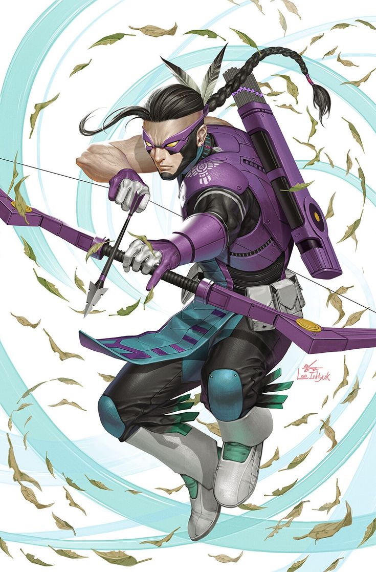 a woman in purple outfit holding a bow and arrow with fish on the ground behind her