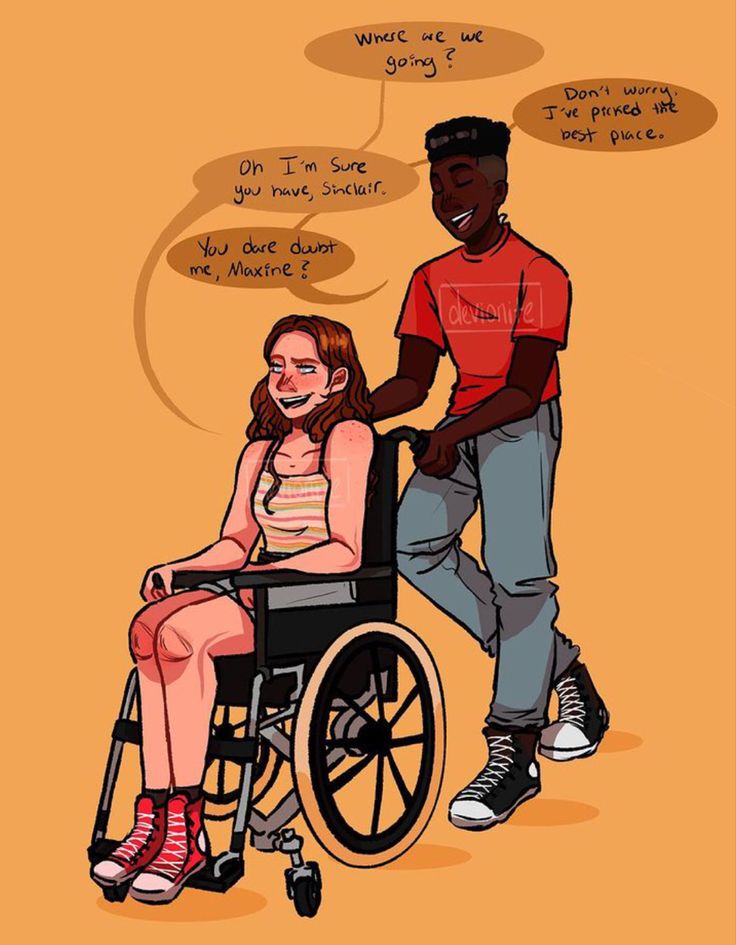 a man sitting in a wheelchair next to a woman with speech bubbles above her head