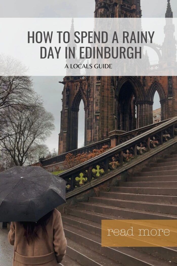 a woman with an umbrella is walking down the stairs in front of a building that says how to spend a rainy day in edinburgh