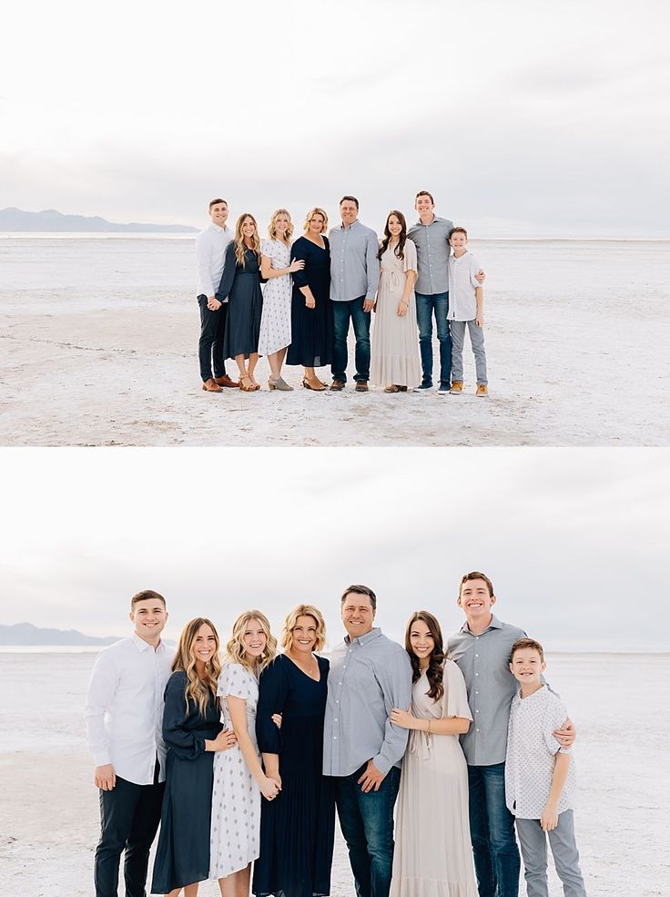 a family posing for pictures on the beach