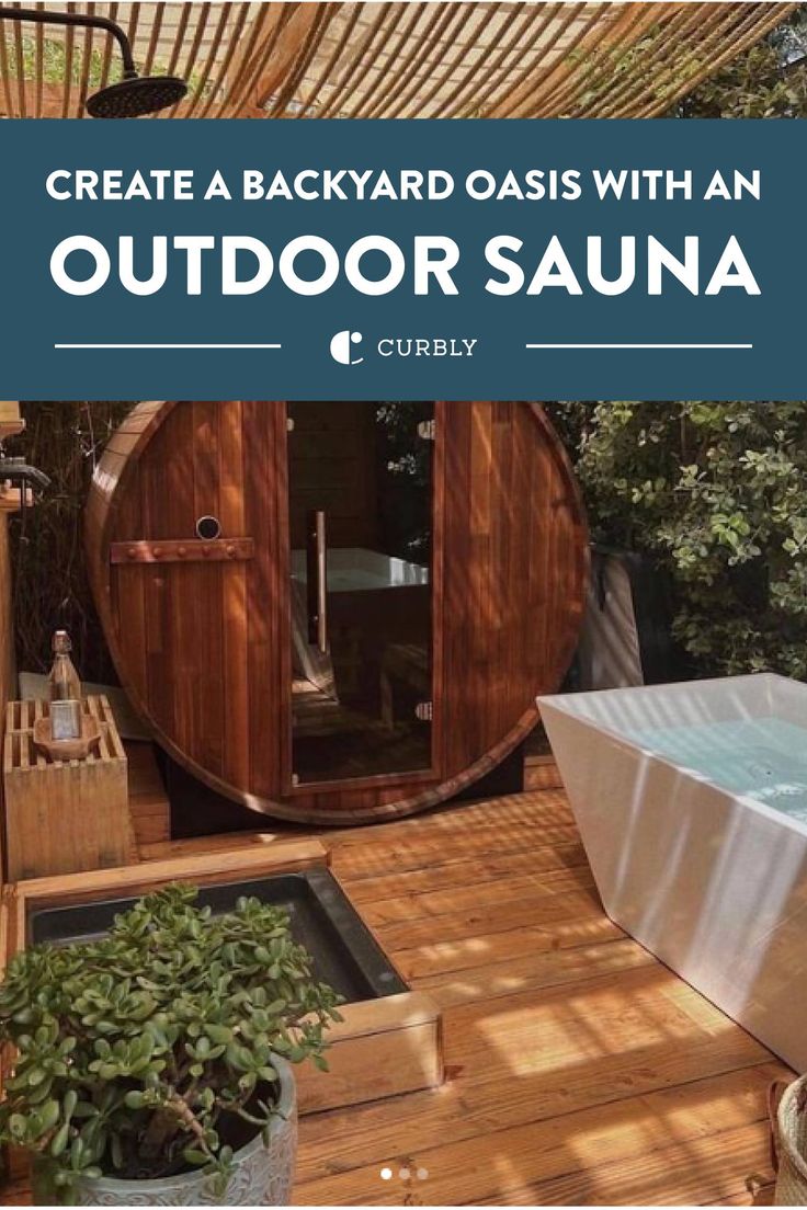 a backyard oasis with an outdoor sauna