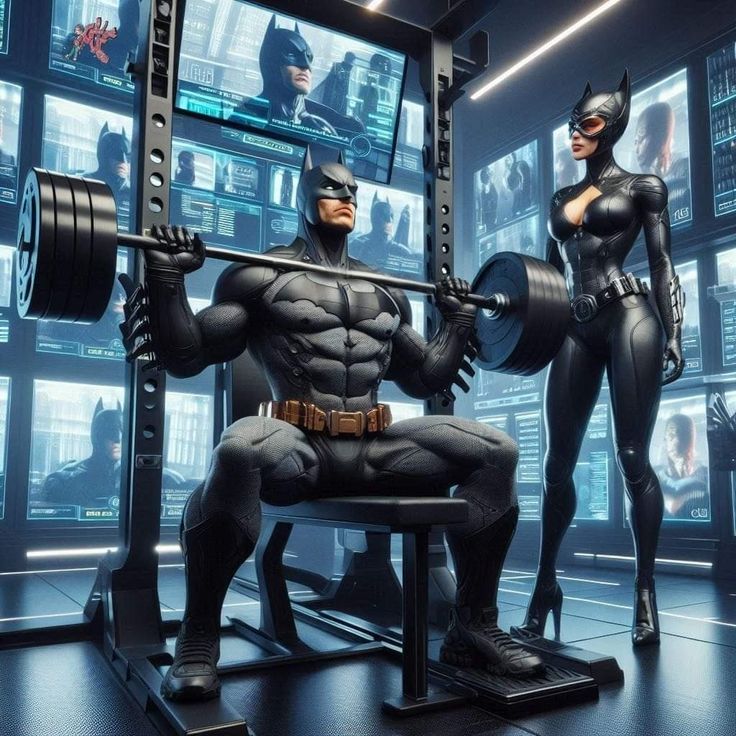 the batman and catwoman are doing squats