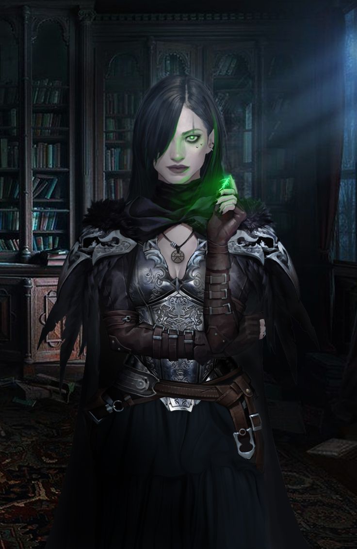 a woman dressed in dark clothing holding a green object while standing next to a bookshelf