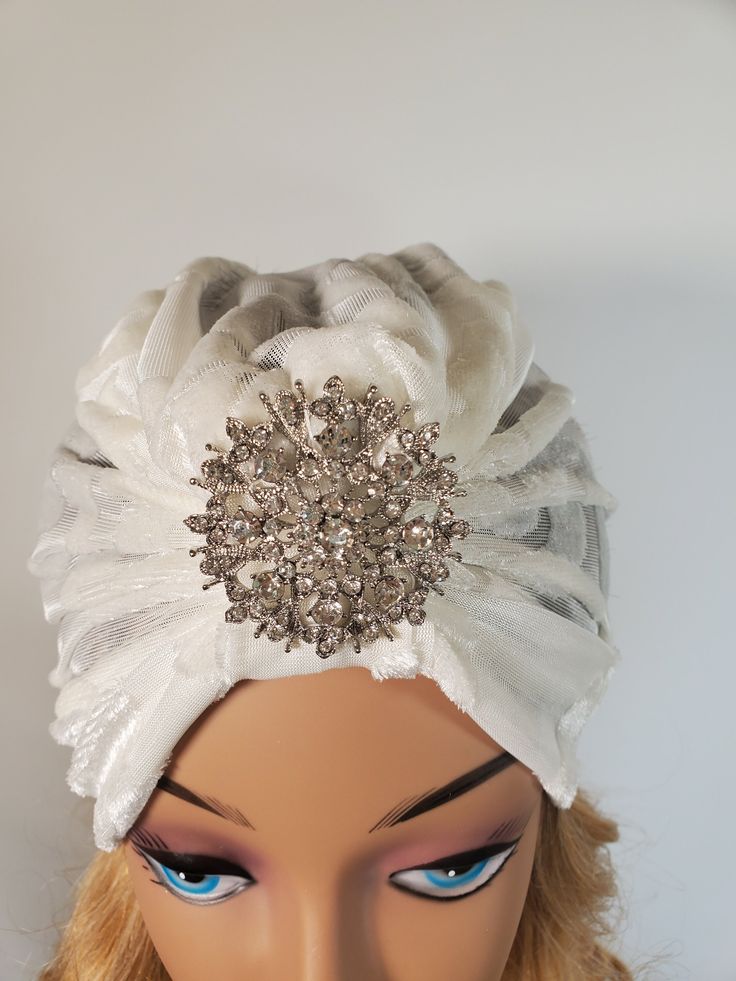 Wedding Turban/ special occasion.35 Elegant Wedding Headpiece, Traditional Headband Fascinator For Party, Elegant White Headwrap Headband, Elegant White Headband Headwrap, Elegant Fitted White Turban, Elegant White Fitted Turban, Silver Bridal Accessories For Festive Parties, Elegant Party Headscarf Headband, Elegant Party Headband Headscarf