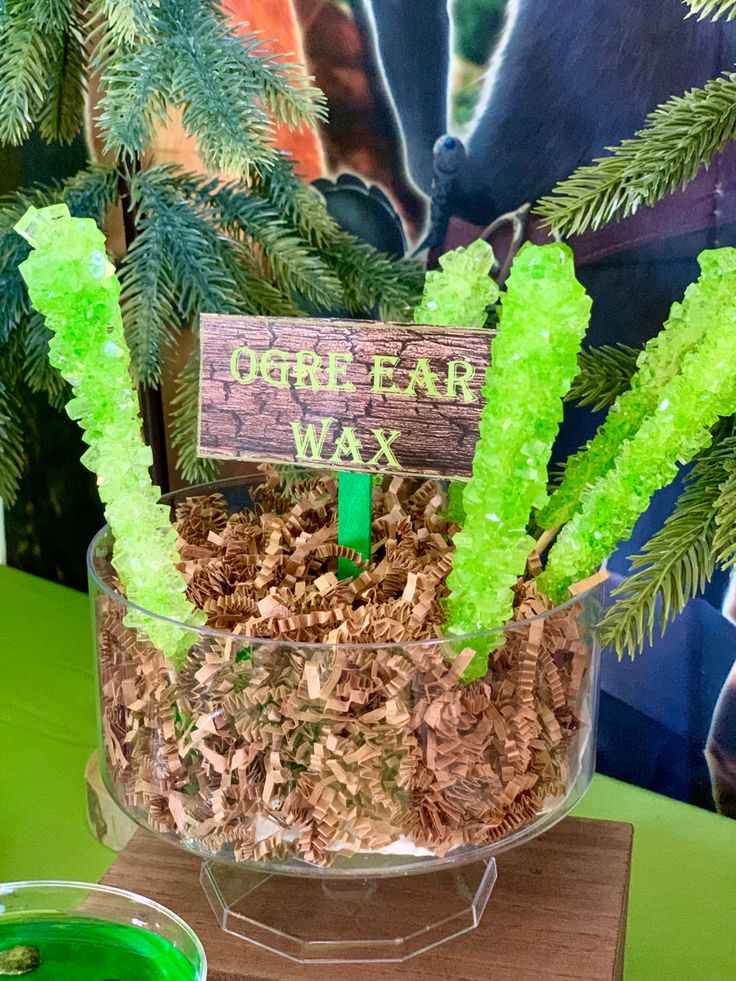 there is a plant in a glass bowl on the table with some green stuff around it