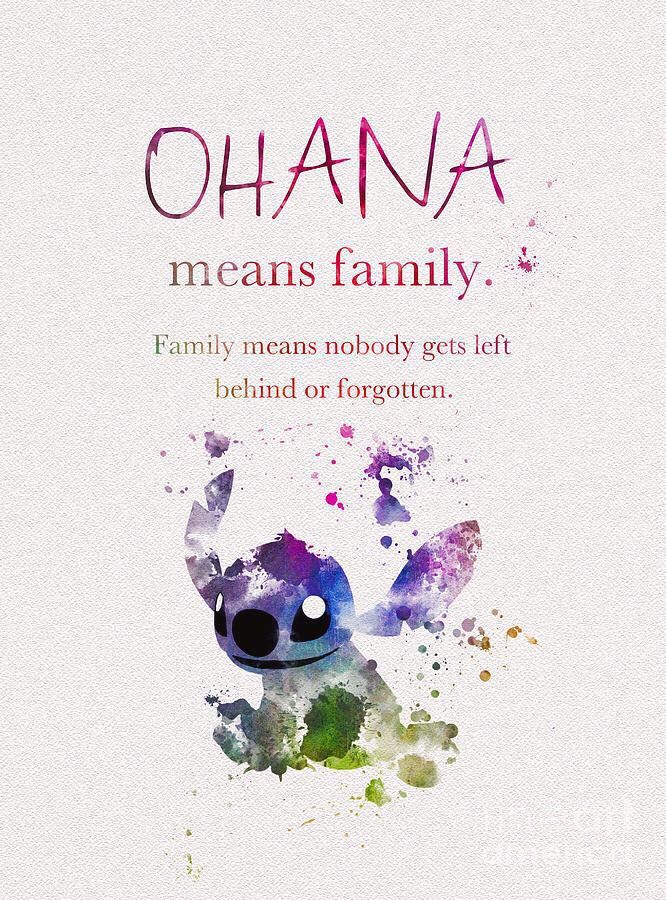 a poster with the words, ohana means family and an image of a cartoon character