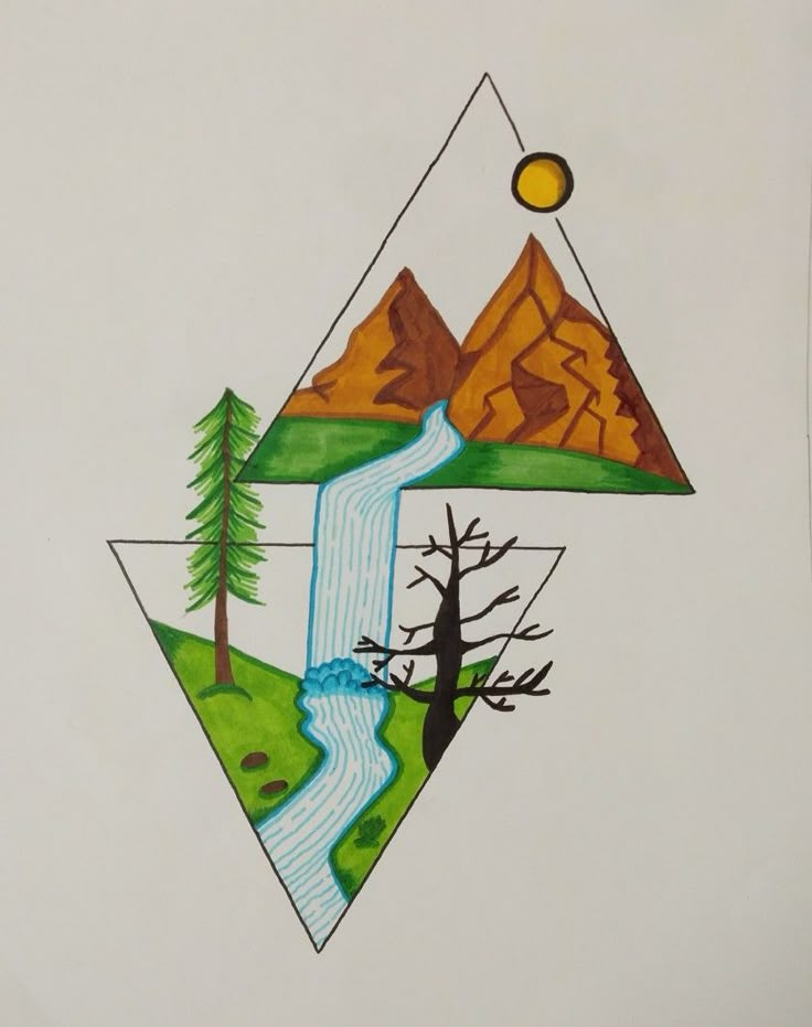 a drawing with mountains, trees and a river in the middle is featured on a white background