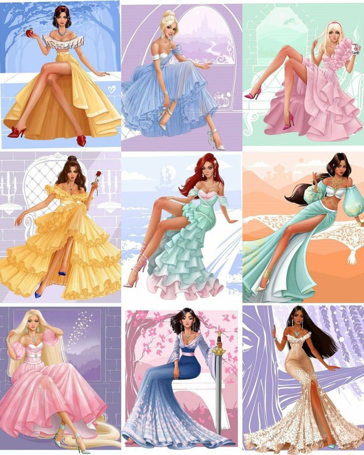 the four princesses are all dressed up in different dresses and hair colors, one is wearing