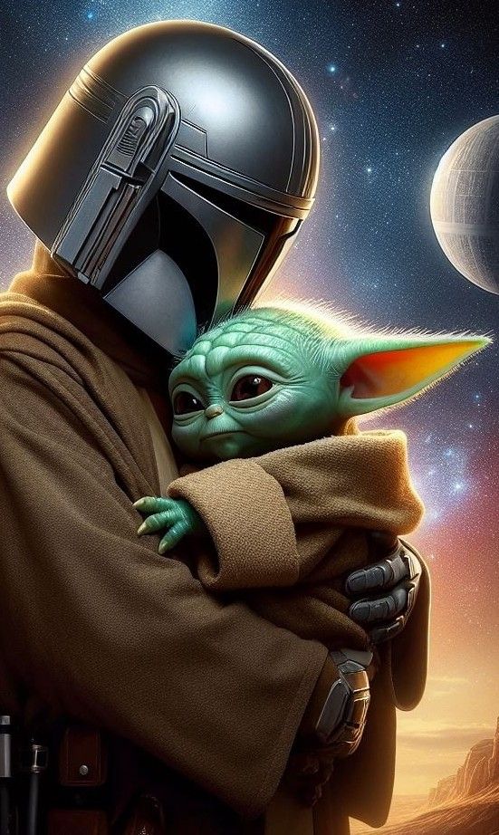 the child yoda is holding on to his father's shoulder in front of planets