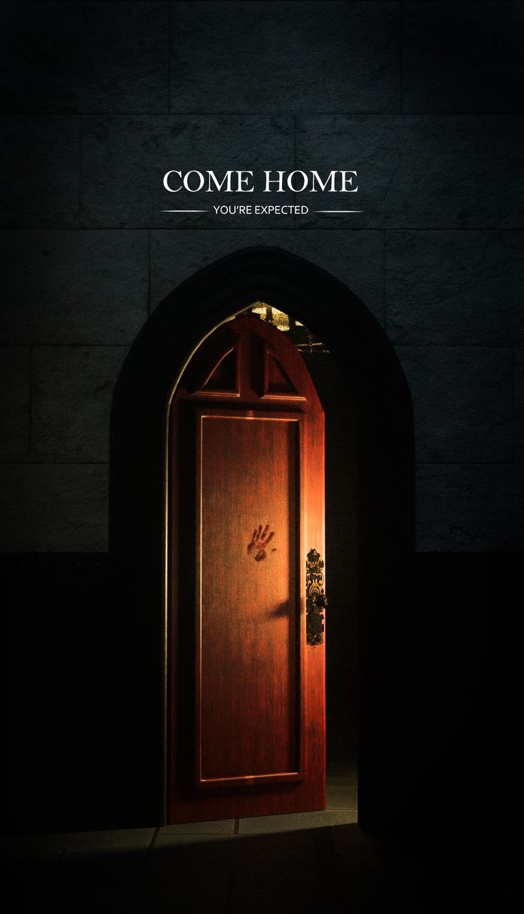 an open door with the words come home on it in front of a dark background