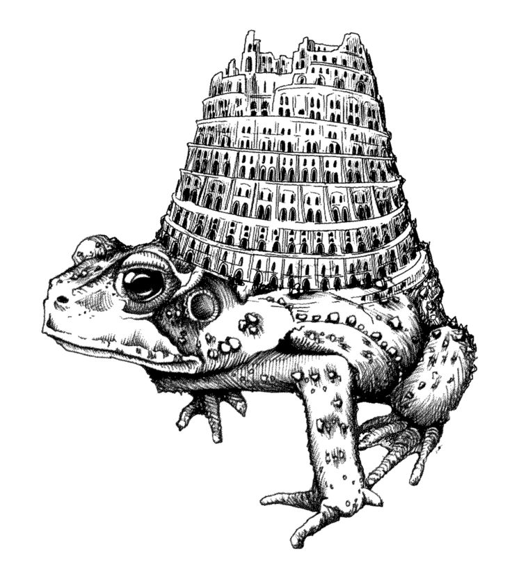 a drawing of a frog with a tower in the background