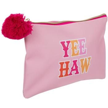 Dimensions: 6" x 8.75" Material: Plastic, Metal & Fabric Color: Pink, Orange, Yellow & Gold Quantity: 1 Store your art supplies or makeup inside this Yee Haw Cowgirl Pouch! This light pink pouch has the phrase "Yee Haw" written in colorful western-style font. There is a pink pom pom on the gold zipper that adds extra charm. Use this trendy bag to carry all of your miscellaneous items! Pink Zipper Pouch Pencil Case, Cute Pink Zipper Pouch Cosmetic Bag, Cute Pink Zipper Cosmetic Bag, Cute Pink Cosmetic Bag With Zipper, Trendy Pink Pouch Cosmetic Bag, Playful Pink Cosmetic Bag For Gift, Trendy Pink Pouch For Personal Use, Fun Pink Pencil Case For School, Playful Pink Bag With Zipper Pouch