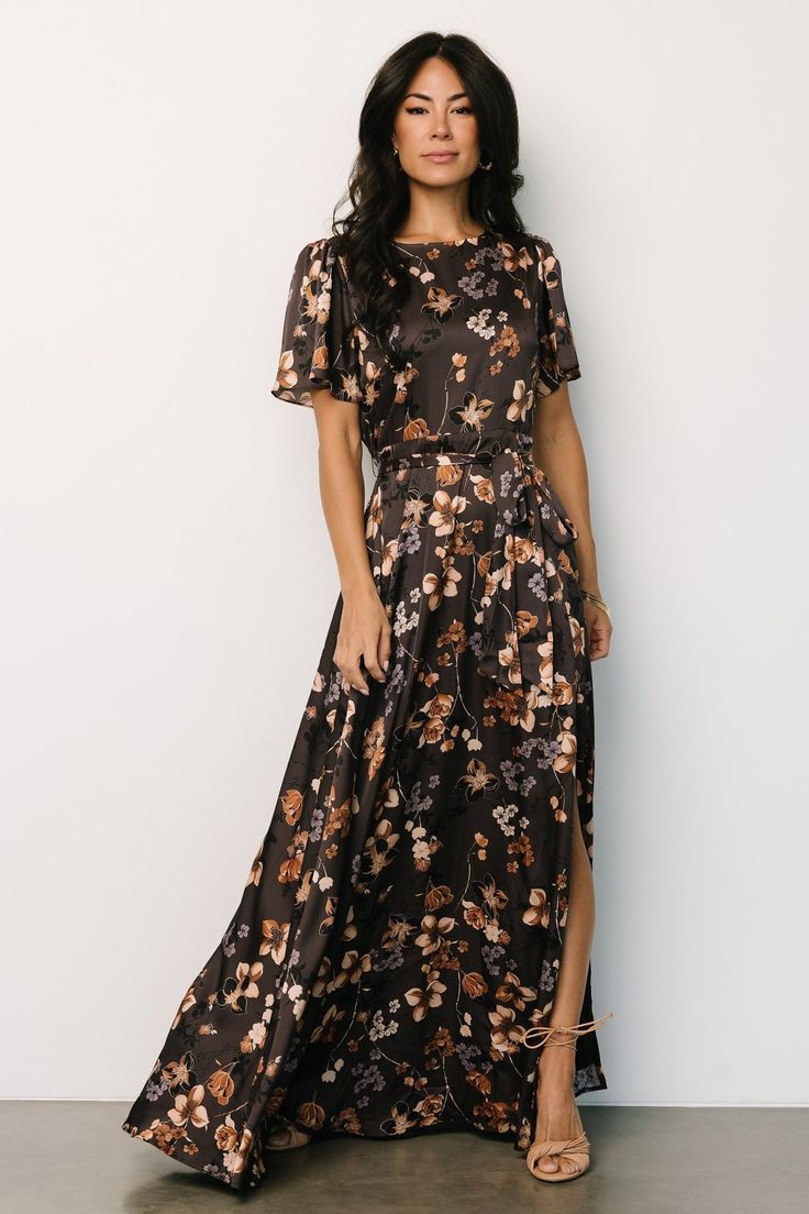 Agnes Satin Maxi Dress | Brown Floral Flutter Sleeve Maxi Dress, Green Satin Dress, Tulle Maxi Dress, Brown Floral Print, Embellished Maxi Dress, Baltic Born, Fall Wedding Guest Dress, Guest Attire, Belt Tie