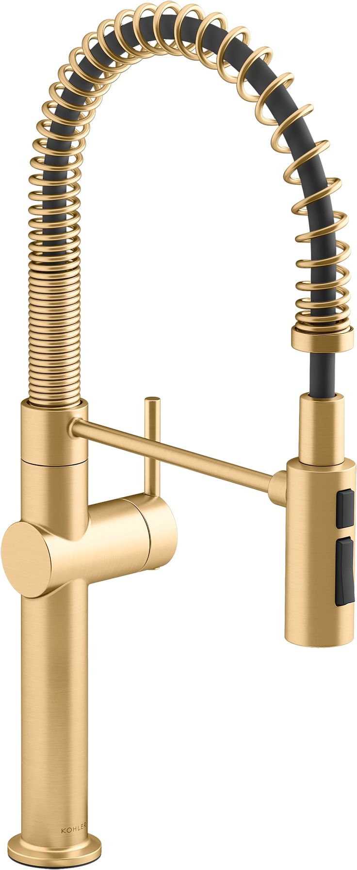 a gold faucet with black handles and nozzles on the side, in front of a white background