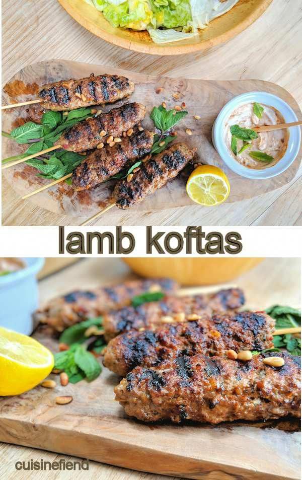 lamb koftas with lettuce and lemon wedges on a cutting board