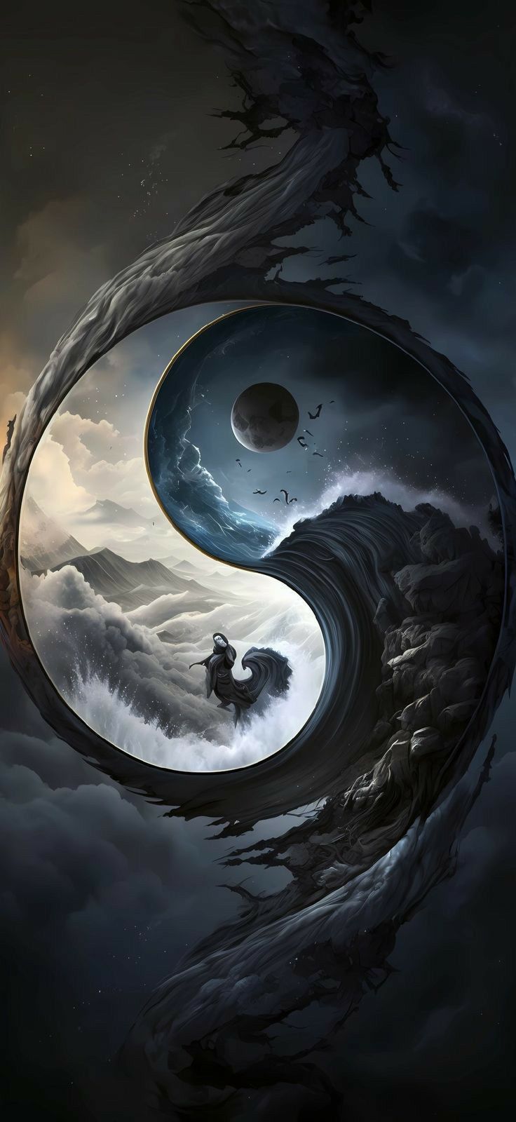 an artistic painting with waves in the shape of a yin - yang sign and two birds flying above it