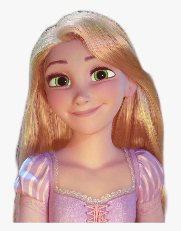 a cartoon girl with blonde hair and green eyes wearing a purple dress, looking at the camera