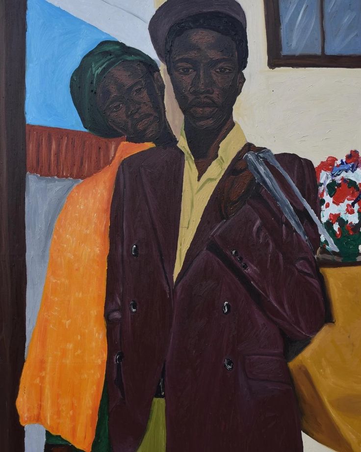 a painting of two people standing next to each other