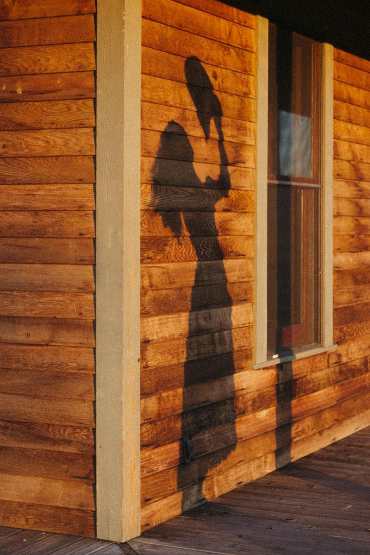 a shadow of a person holding a umbrella on the side of a wooden building next to a window