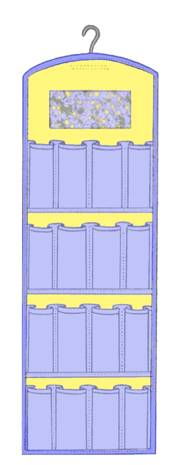 a blue and yellow hanging rack with several bins on it's sides,