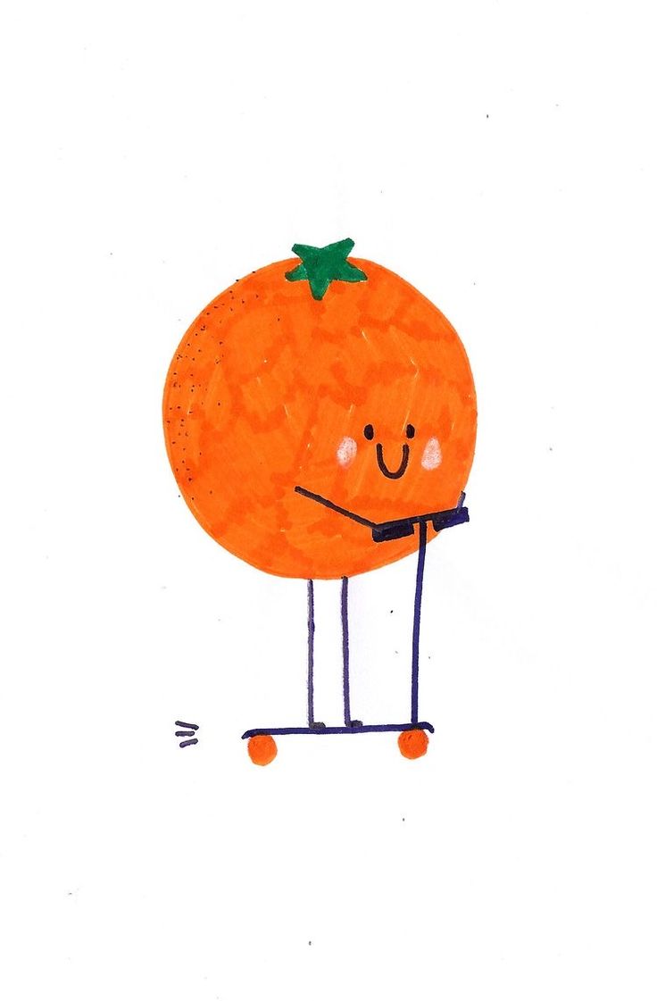 a drawing of an orange with wheels on it's face and arms, holding a green leaf