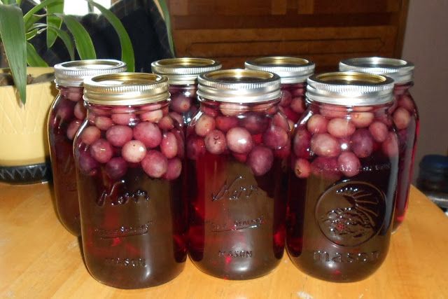 four jars filled with grapes sitting on top of a table