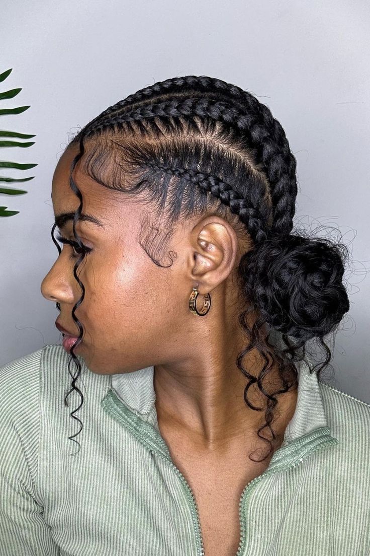 Cornrows And Braided Bun Cornrows With Buns, Corn Row Bun, Cornrows Into Two Buns, Cornrow Into Bun, Stitch Braids Into Bun, Cornrows Bun, Large Cornrows, Cornrow Bun, Boho Cornrows