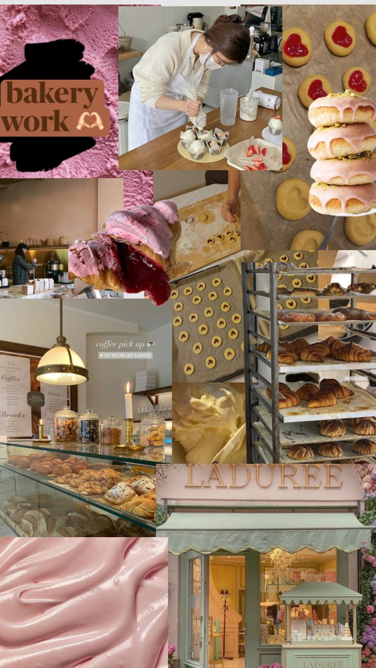 there is a collage of different pictures with doughnuts and pastries on display