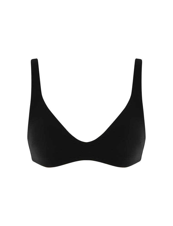 The Separates Scoop Bra in Black from our Summer Swim 2024 Collection. A bikini top constructed from form-fitting Italian lycra featuring a scoop neckline and fixed straps. Sleek Swimwear With Bra-friendly Minimal Stretch, Chic Seamless Underwire Swimwear, Chic Seamless Swimwear With Scoop Neck, Solid Scoop Neck Swimwear With Removable Bra Pads, Solid Color Scoop Neck Swimwear With Removable Bra Pads, Elegant Seamless Triangle Top Swimwear, Sleek Elastane Swimwear With Seamless Construction, Seamless Triangle Top Sports Bra, Modern Seamless Swimwear