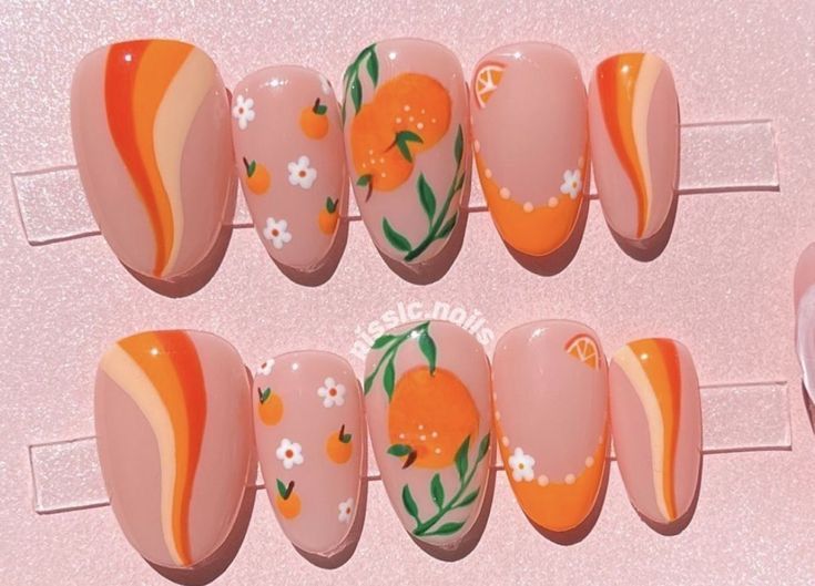 Citrus Nails, Fruit Nail Designs, Fruit Nail Art, Boho Nails, Hippie Nails, Simple Acrylic, Summery Nails, Simple Acrylic Nails, Summer Acrylic Nails