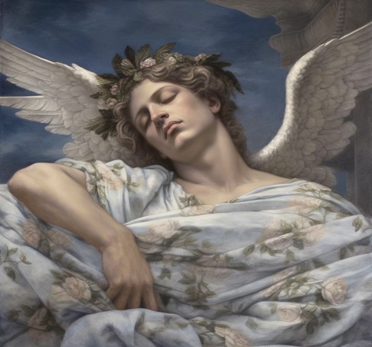 a painting of an angel laying down with her eyes closed and hands on her chest