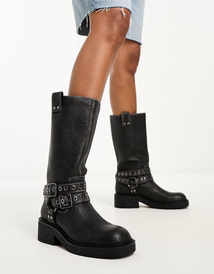 Bershka buckle detail calf length boots in black | ASOS Trendy Knee-high Moto Boots With Lug Sole, Trendy High Ankle Boots With Rivets, Edgy Wide Calf Mid-calf Boots With Round Toe, Edgy Wide Calf Knee-high Boots With Round Toe, Edgy Knee-high Moto Boots With Buckle Closure, Edgy Knee-high Moto Boots With Buckle, Edgy Mid-calf Boots With Wide Calf And Round Toe, Edgy Knee-high Boots With Wide Calf And Round Toe, Trendy Ankle Moto Boots With Buckle Closure