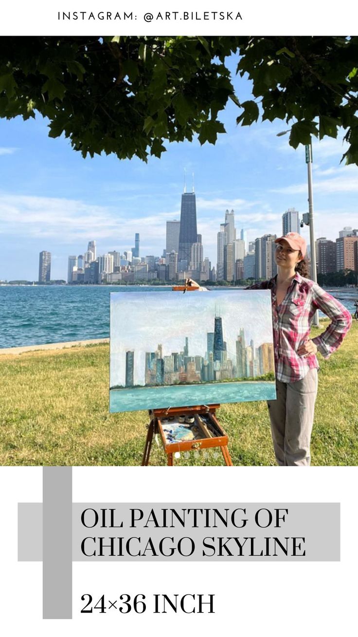 an advertisement for oil painting of chicago skyline