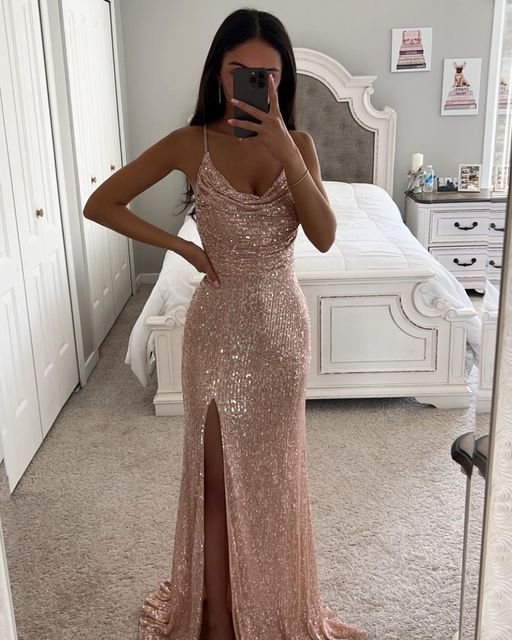 Rose Gold Dress Winter, Prom Dresses 2023 Champagne, Sparkly Rose Gold Dress, Rose Gold Grad Dress, Long Sparkle Dress, Champagne Sparkle Dress, Prom Dresses 2023 Gold, Rose Gold Formal Dress Long, Rose Gold Prom Dress Couple