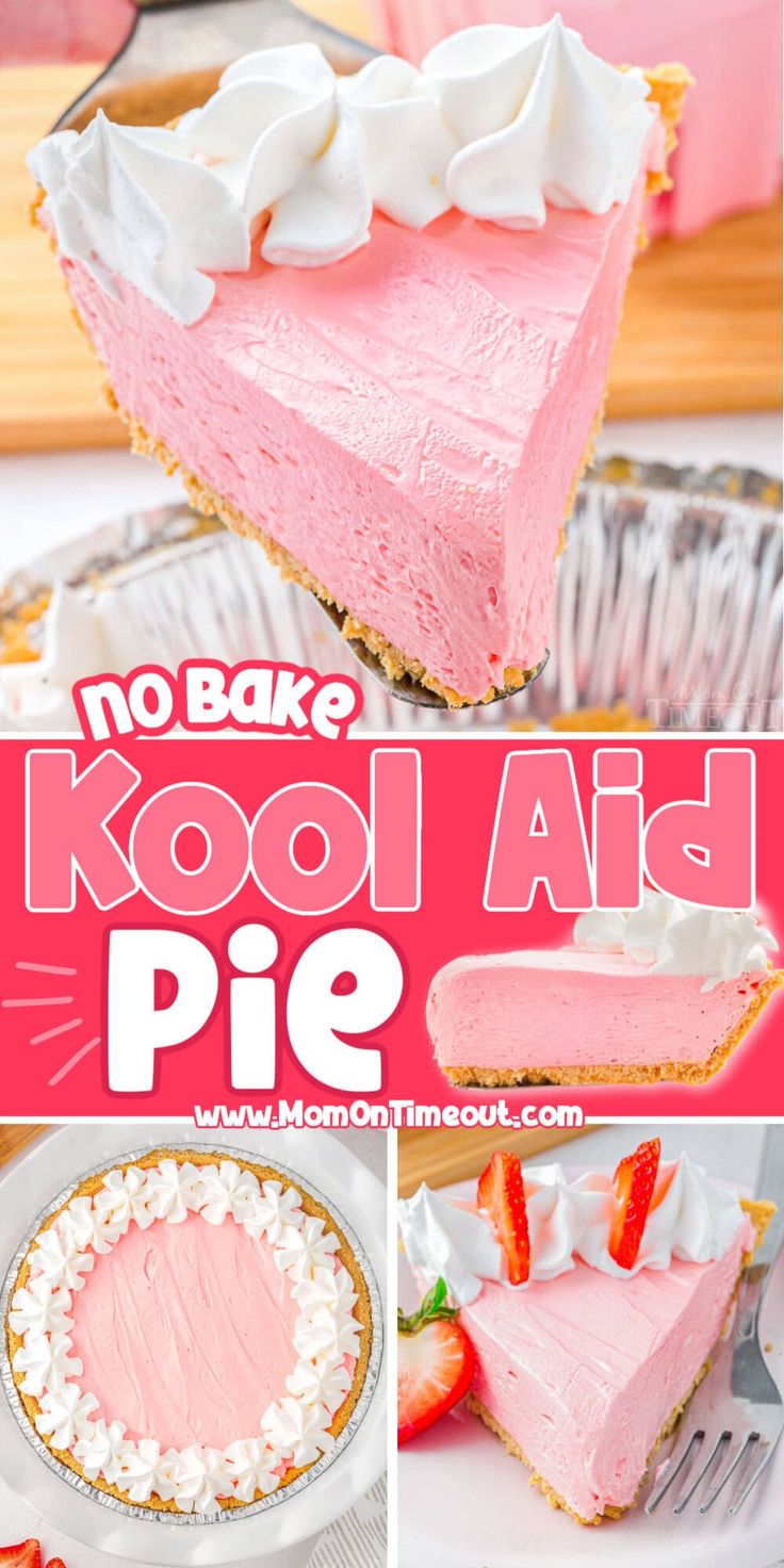 no bake kool aid pie is shown in this collage