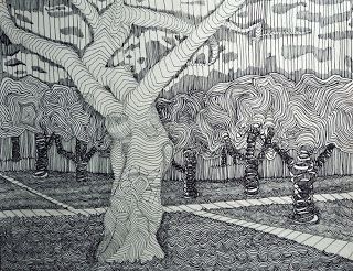 a black and white drawing of a tree in front of a fenced in area