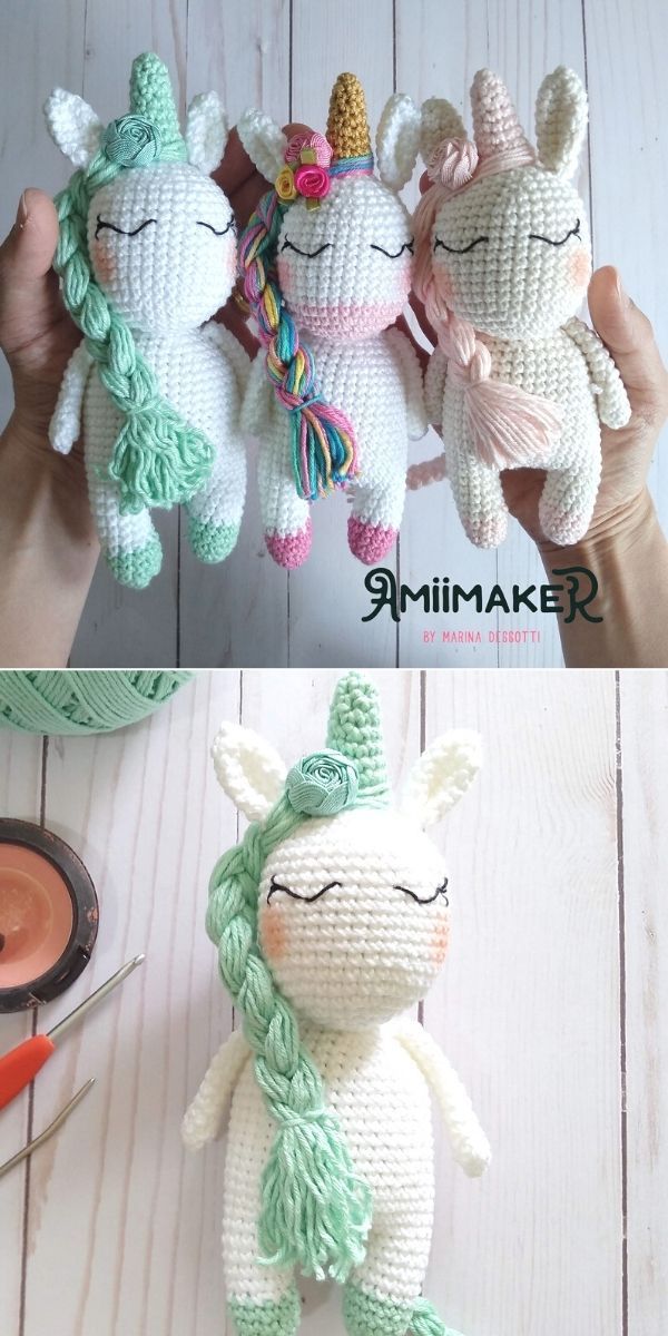 crocheted stuffed unicorns are being displayed in two different photos, one is white and the other is green