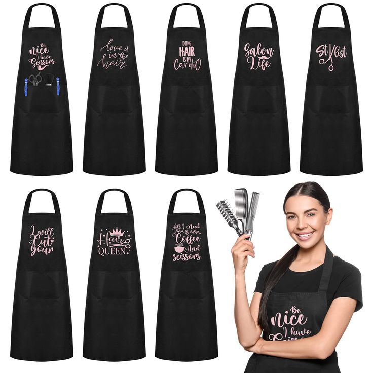 six aprons with different designs on them, one is holding a hairbrush and the other has a comb in it