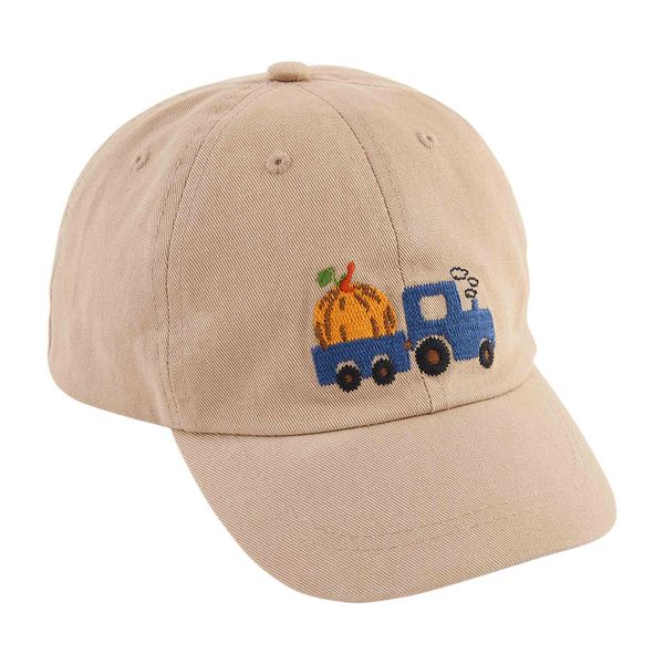 Your pumpkin patch pal needs this Khaki Pumpkin Patch Toddler Hat. Made from high-quality 100% cotton, this washed canvas hat showcases exquisite embroidered details. With its adjustable slider, you can easily customize the hat to provide a perfect fit for your toddler. The center of the hat features an adorable truck carrying a pumpkin, adding a charming touch to their outfit. Designed to be one size fits most, this hat ensures a comfortable and snug fit. When it's time for a wash, simply turn Cotton Hats For Outdoor Fall Activities, Cotton Brimmed Baseball Cap For Outdoor, Cotton Brimmed Trucker Hat For Summer, Summer Cotton Brimmed Trucker Hat, Summer Brimmed Cotton Trucker Hat, Adjustable Cotton Brimmed Hat, Embroidered Cotton Hat With Curved Brim, Adjustable Curved Bill Pre-washed Hat, One Size Fits Most Brimmed Cotton Baseball Cap