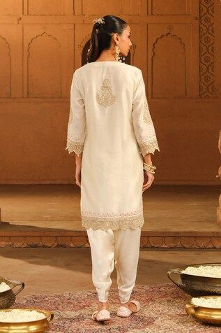 Dasiy ivory kurta with placement kashmiri tilla and parsi gara embroidery, highlighted with basra moti. Paired with a dhoti pant. - Aza Fashions Semi-stitched Straight Kurta Pant Set With Dabka Work, Fitted Cream Kurta With Dabka Detailing, Traditional Drape Cream Kurta With Pearl Embroidery, Semi-stitched Cream Kurta With Gota Work, Semi-stitched Beige Kurta With Sheer Dupatta, Kurta Patterns, Dhoti Pants, Kareena Kapoor Khan, Madhuri Dixit