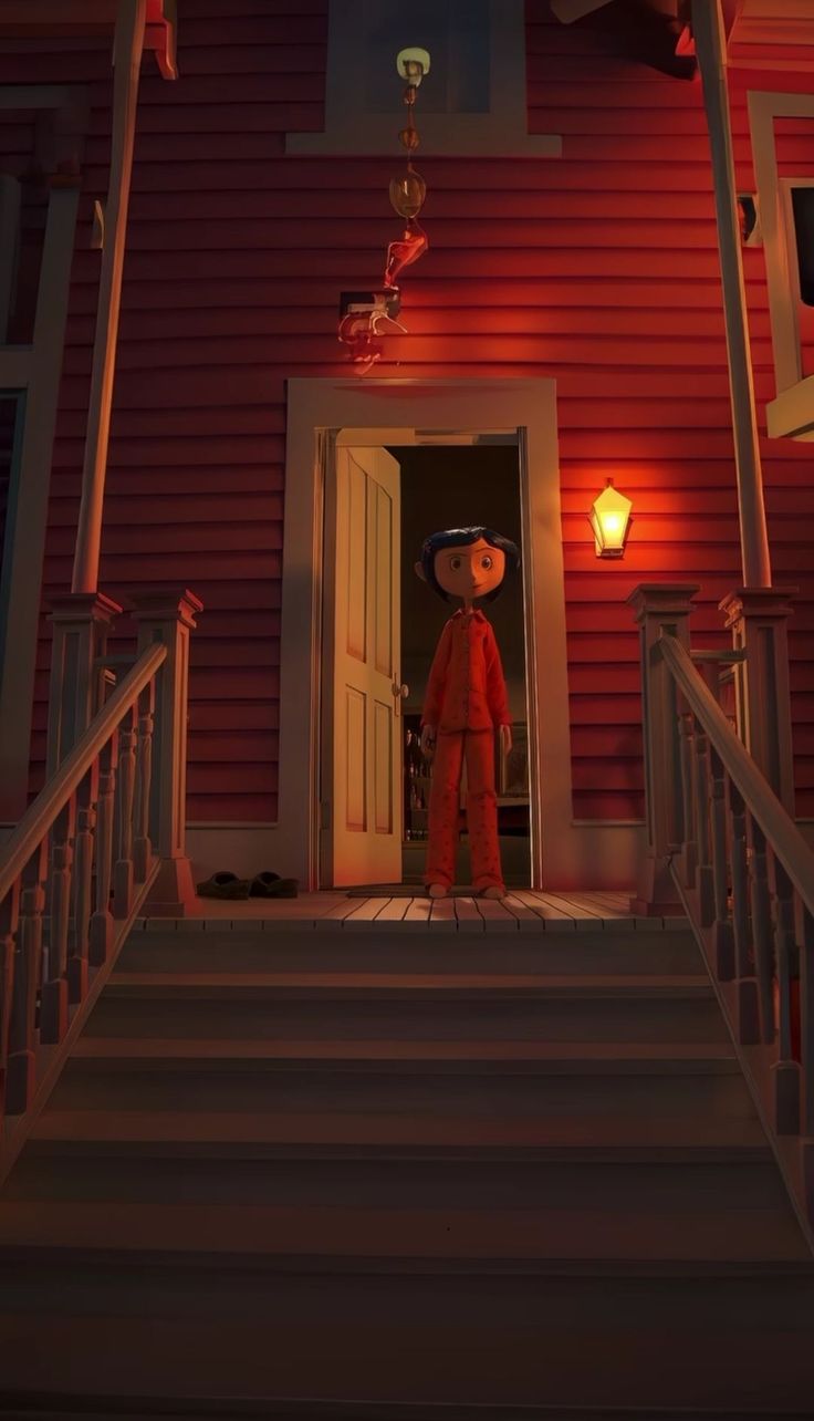 a teddy bear is standing in the doorway of a red house at night with lights on