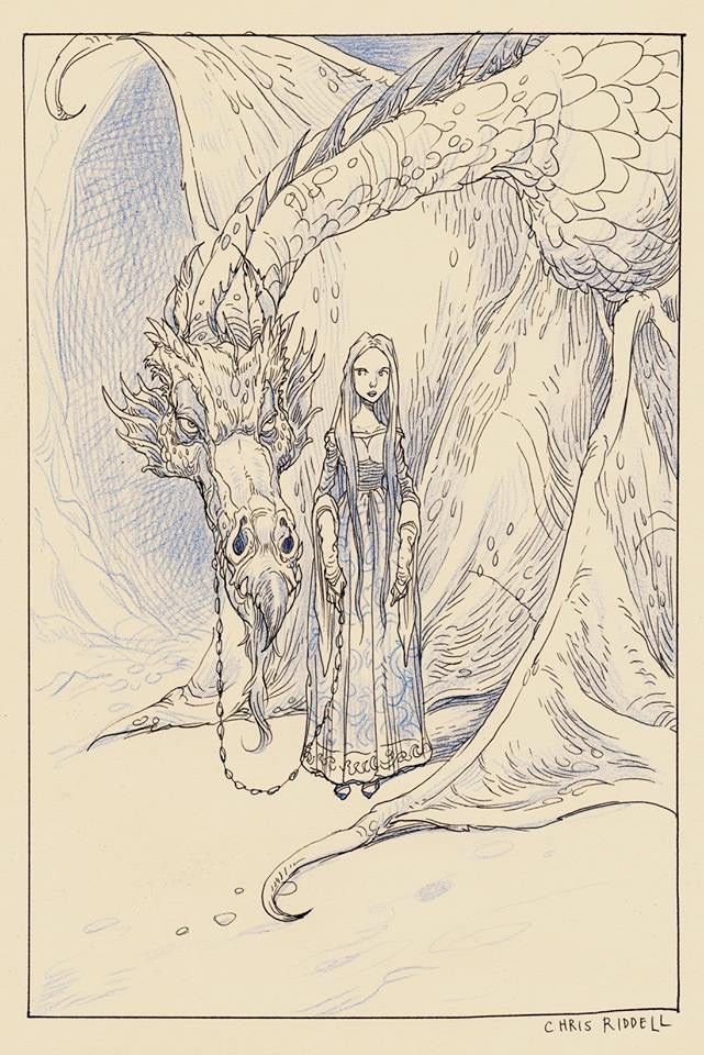 a drawing of a woman standing next to a dragon