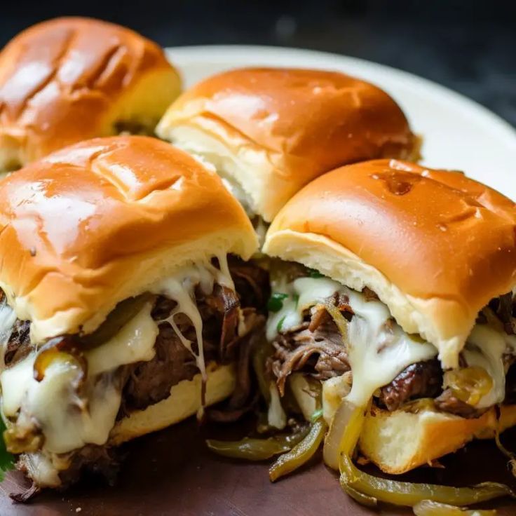 three cheeseburger sandwiches on a plate with green onions and peppers around the edges