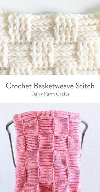 the crochet basketweave stitch pattern is shown in pink and white yarn