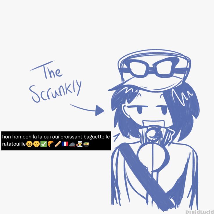 a drawing of a person wearing glasses and a hat with the words the scrawny above it