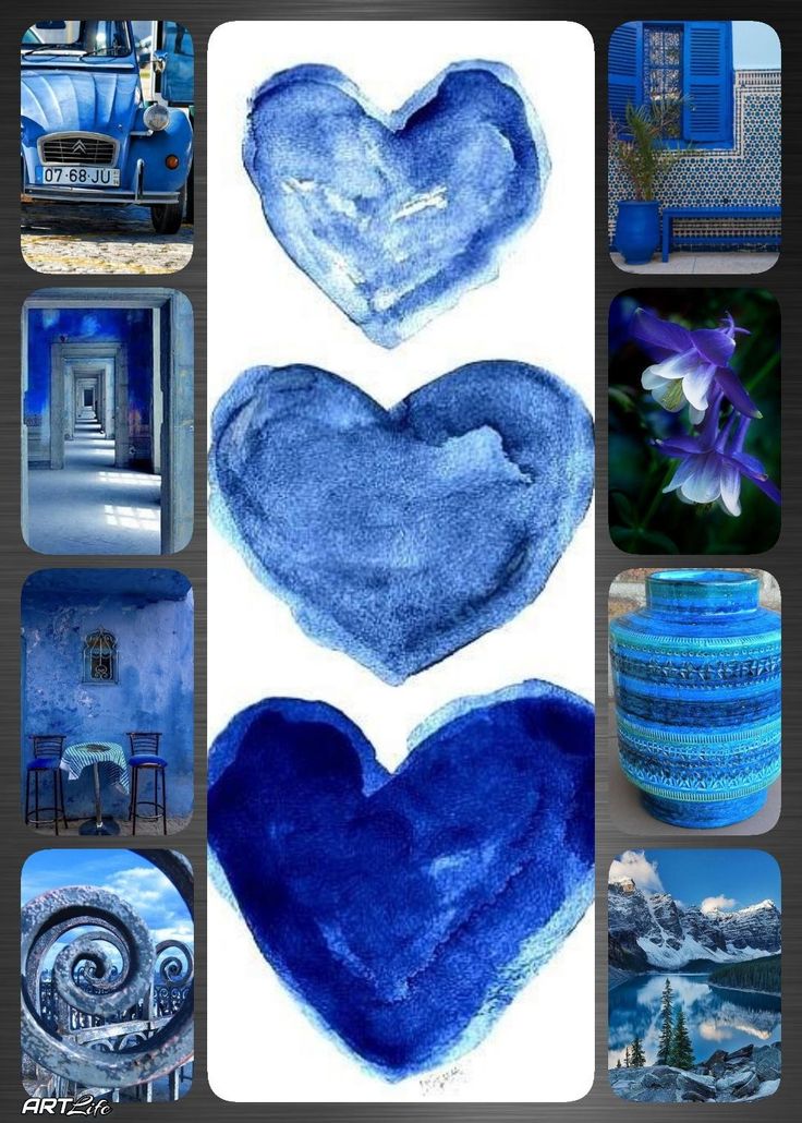 several different pictures with blue and white designs on them, including two heart shaped vases