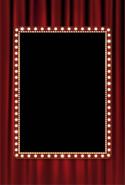 a red curtain with light bulbs on it and a black square frame in the middle