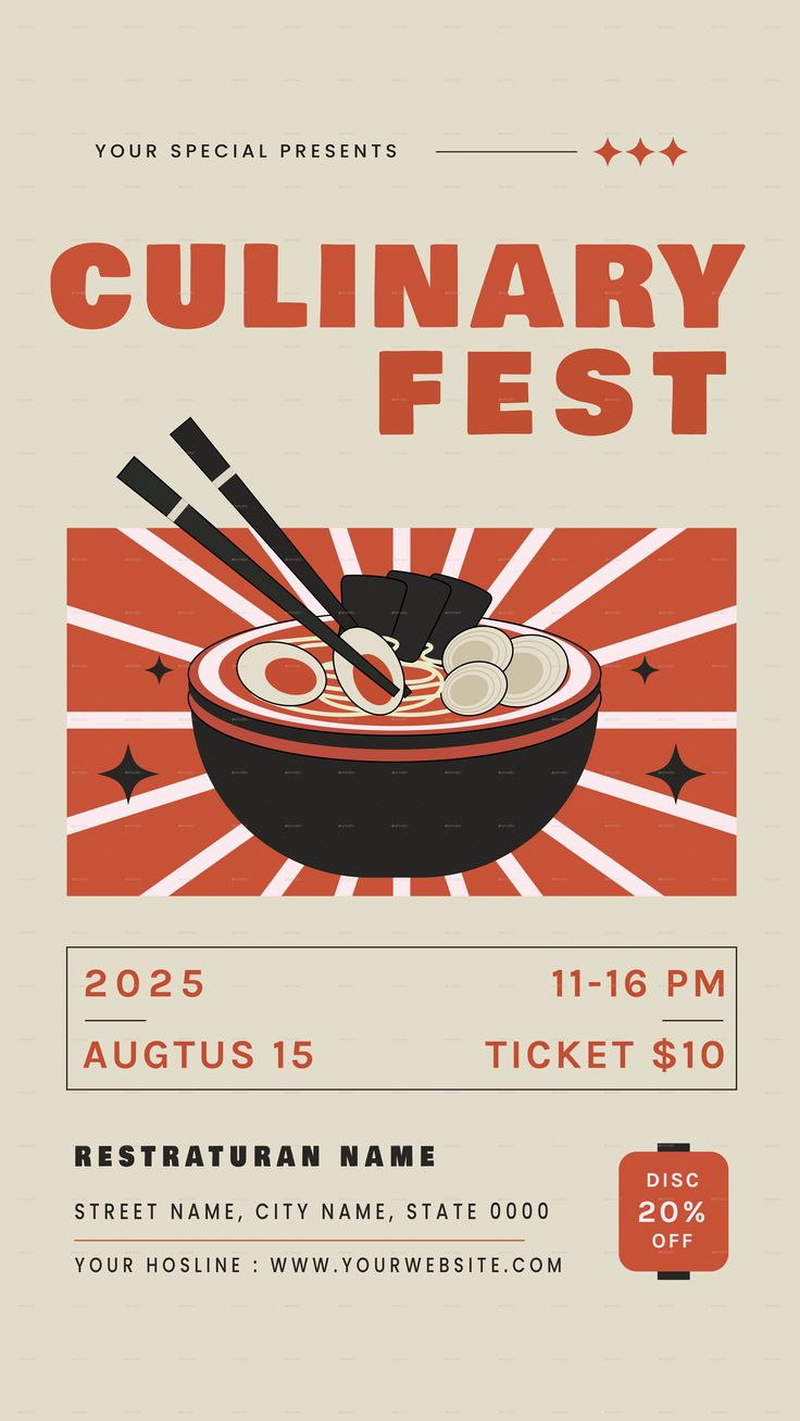 an event poster for culinary fest with chopsticks in a wok on the grill