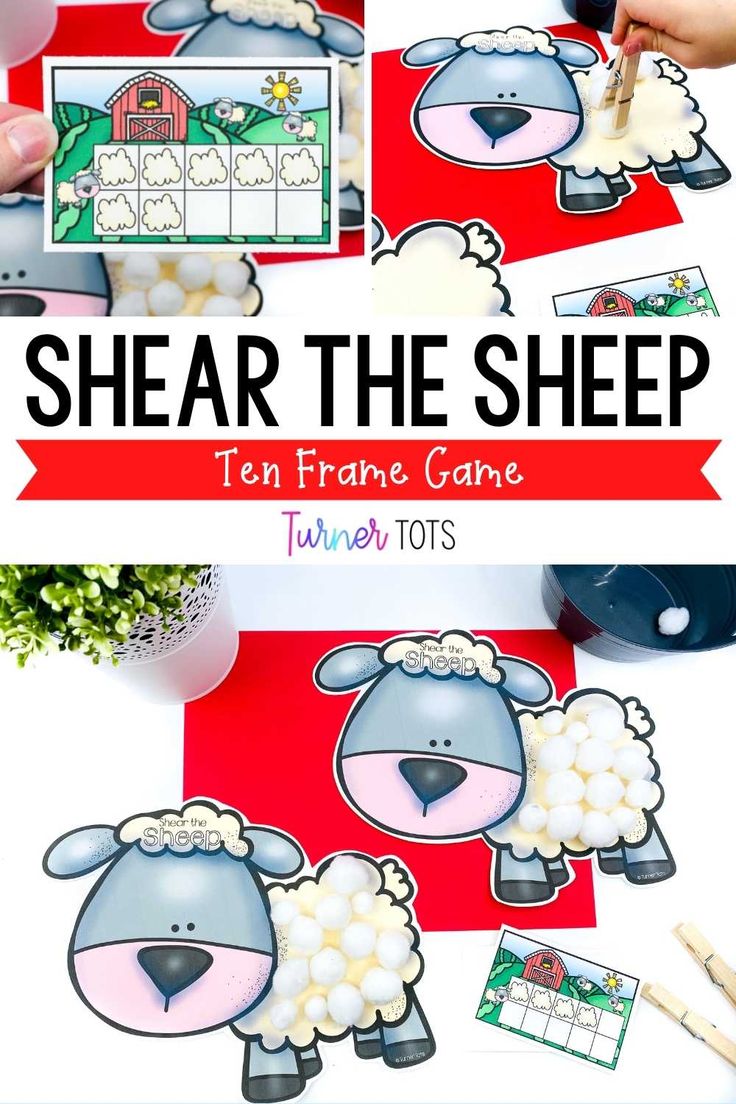 sheep game for toddlers to play in the classroom with text overlay that reads shear the sheep ten frame game